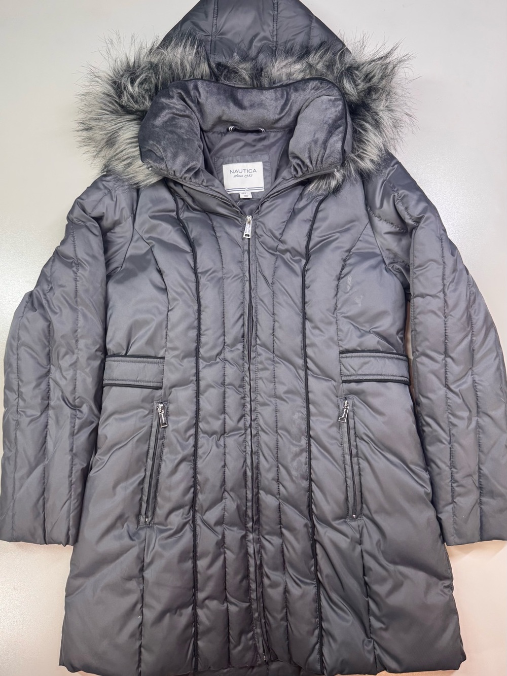 Nautica Women's Charcoal Quilted Hooded Puffer Coat with Faux Fur Trim